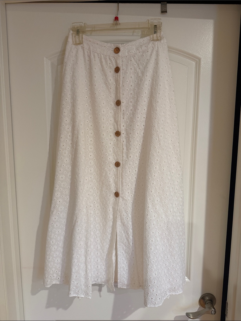 Zara White Eyelet A-Line Midi Skirt with Wood Buttons